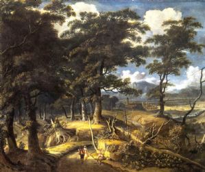 Waldlandschaft mit Wanderern und Dorf
